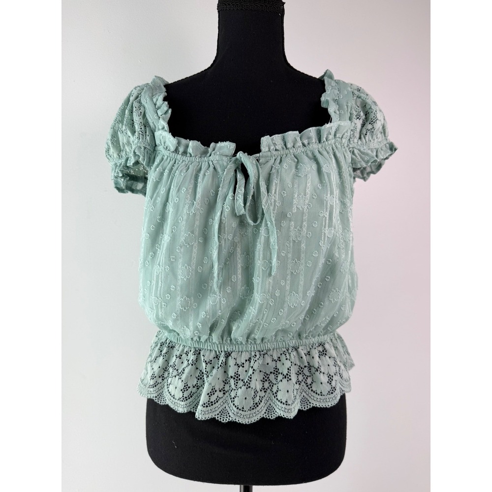 Boho Romantic Chic Peplum Top Haute Monde Sage Green Lace Metallic Stripe L